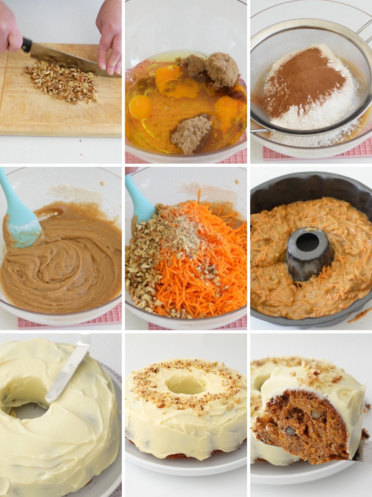 Collage of steps showing how to make a moist carrot cake recipe with cream cheese frosting