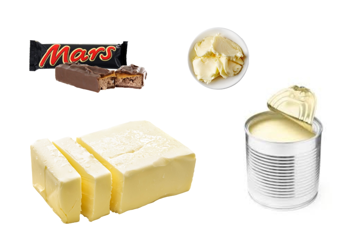 Mars Bars, butter, and condensed milk displayed for making buttercream frosting