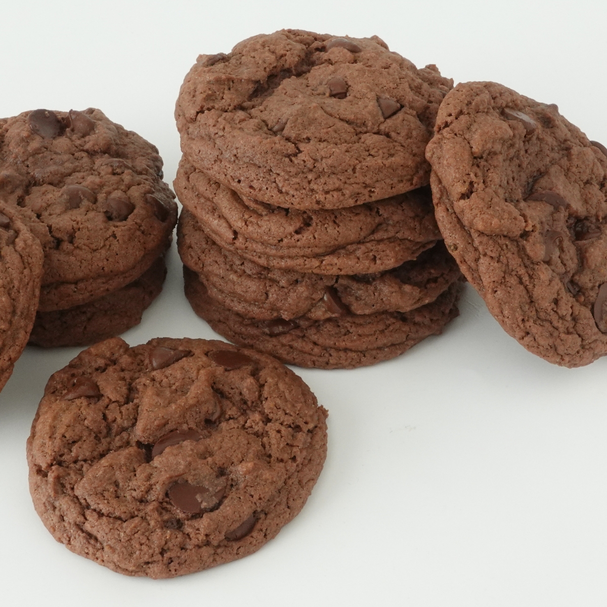Close up of chocolate cake mix cookies with crunchy edges