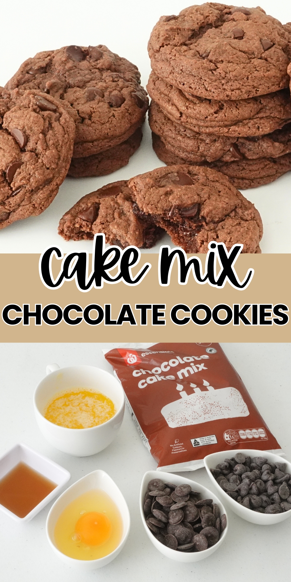 Pinterest pin for chocolate cake mix cookies with crunchy edges and soft chewy centers