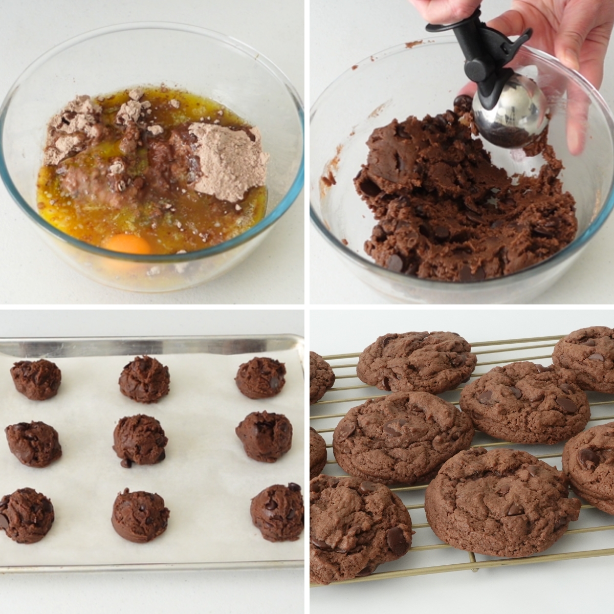 Step by step collage of chocolate cake mix cookies from mixing to cooling on rack