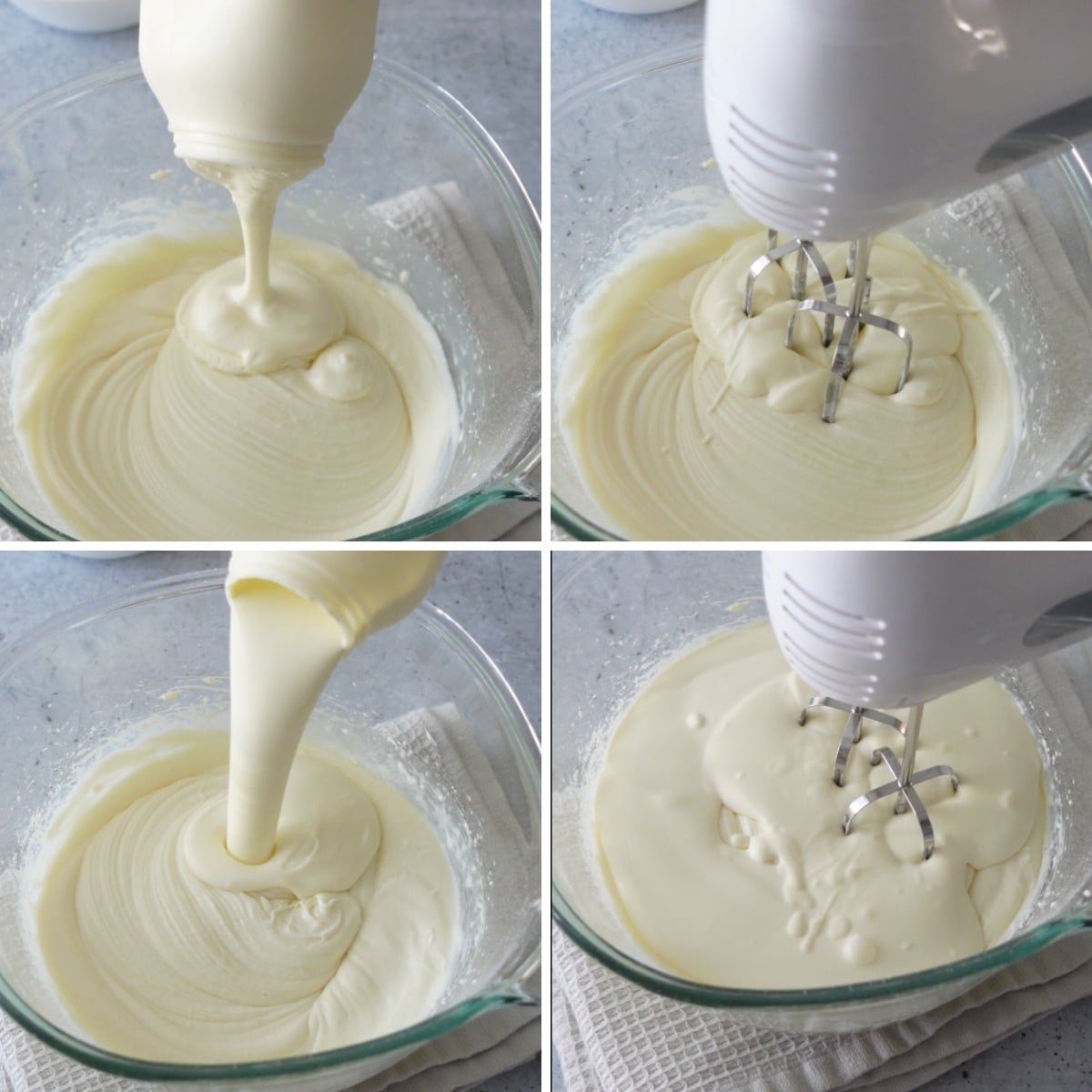 Step-by-step collage showing cold heavy cream being poured into a glass bowl and whipped with an electric mixer to create smooth, creamy frosting