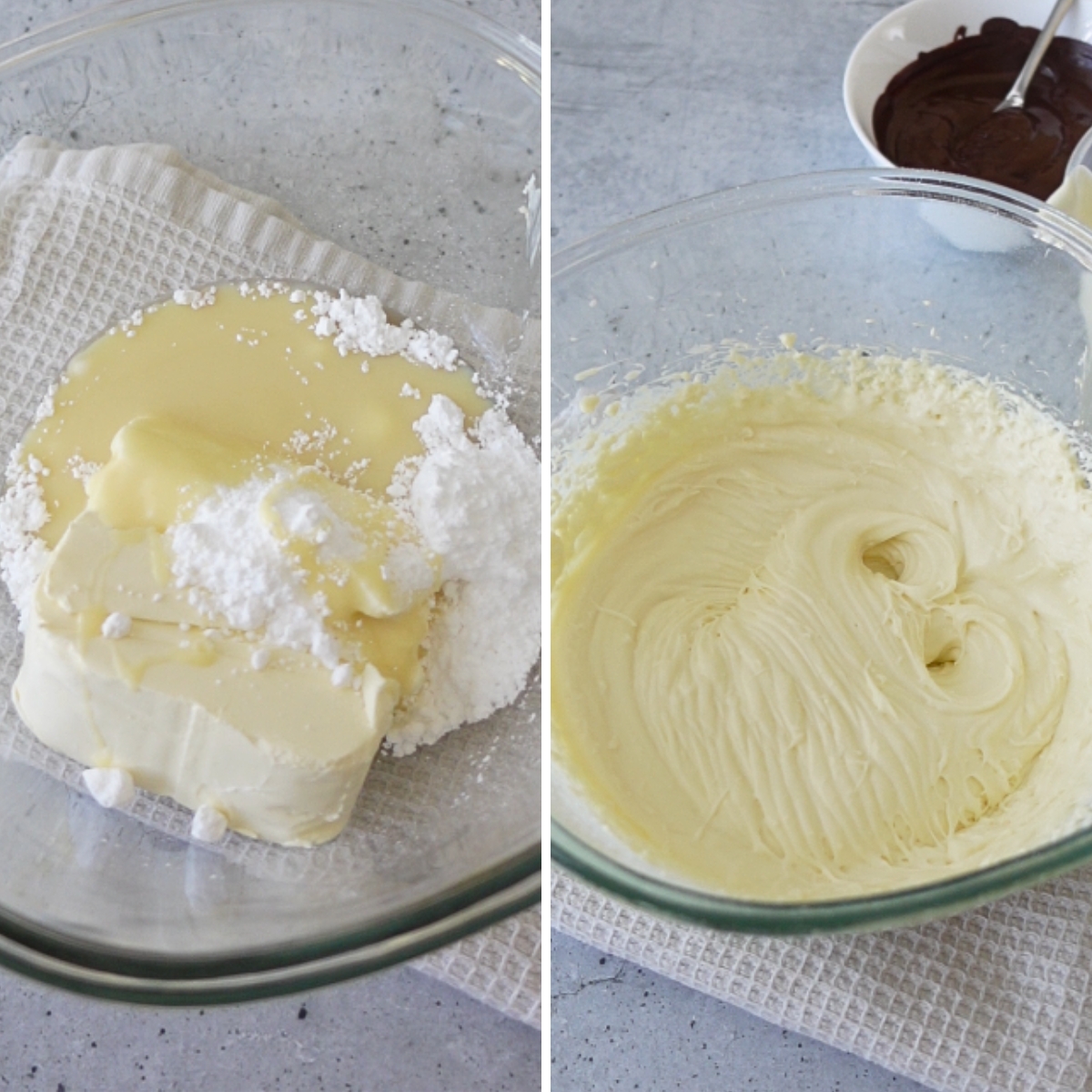 Mixing cream cheese, condensed milk, powdered sugar, and vanilla extract for chocolate cream cheese frosting