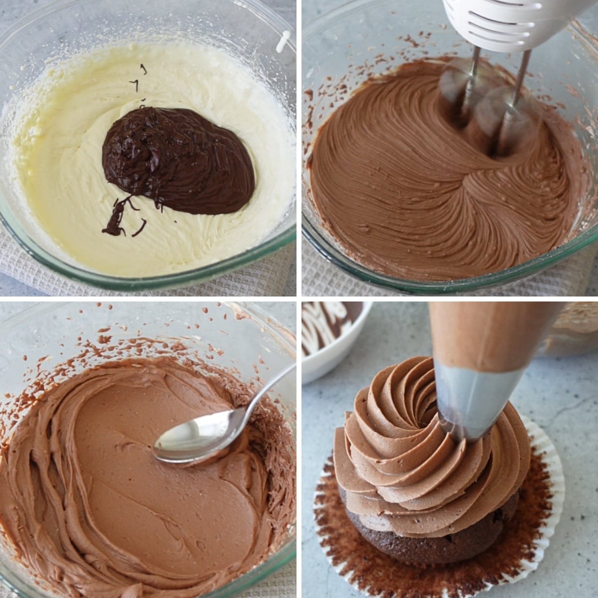 Adding melted dark chocolate to cream cheese frosting, mixing until smooth, and piping the finished chocolate cream cheese frosting onto a cupcake