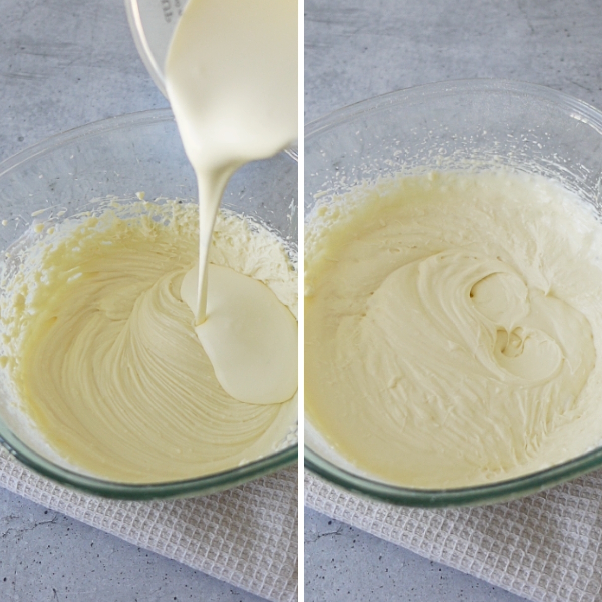 Pouring heavy cream into whipped cream cheese frosting mixture in a glass bowl to create a smooth texture