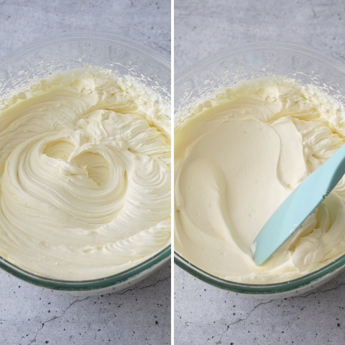 Collage showing smooth, fluffy cream cheese frosting in a glass bowl, finished and ready to spread with a spatula
