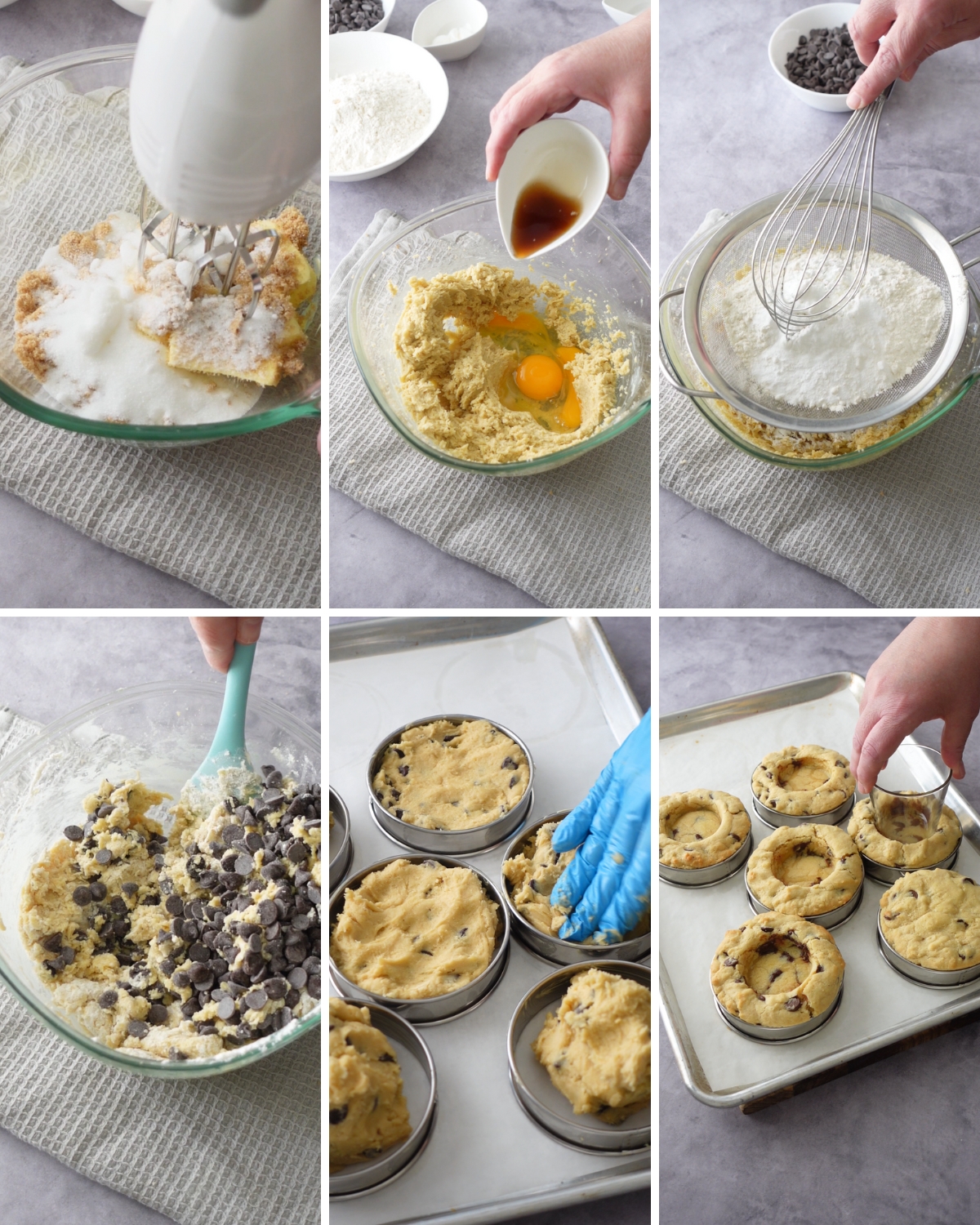 Step by step collage showing how to make Nutella deep dish cookies with creaming, sifting, mixing, and baking steps