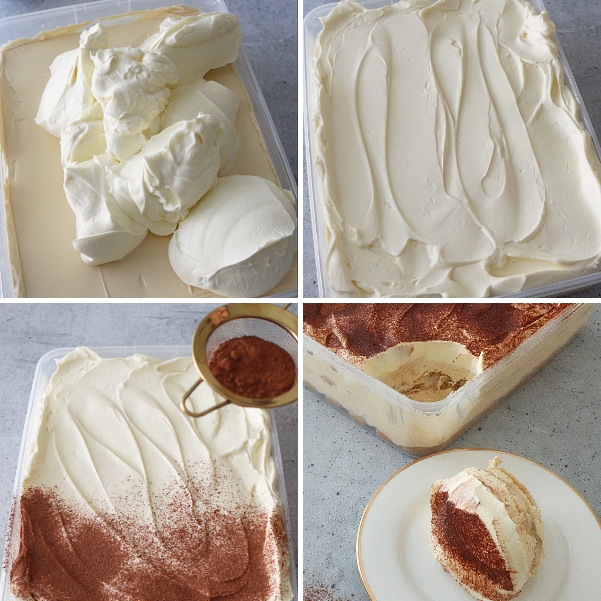 spreading whipped topping over tiramisu cheesecake and dusting with cocoa powder before serving