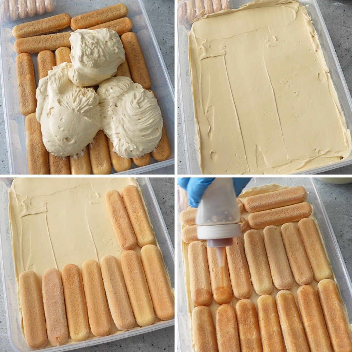 layering tiramisu cheesecake filling and coffee soaked sponge fingers in a tray