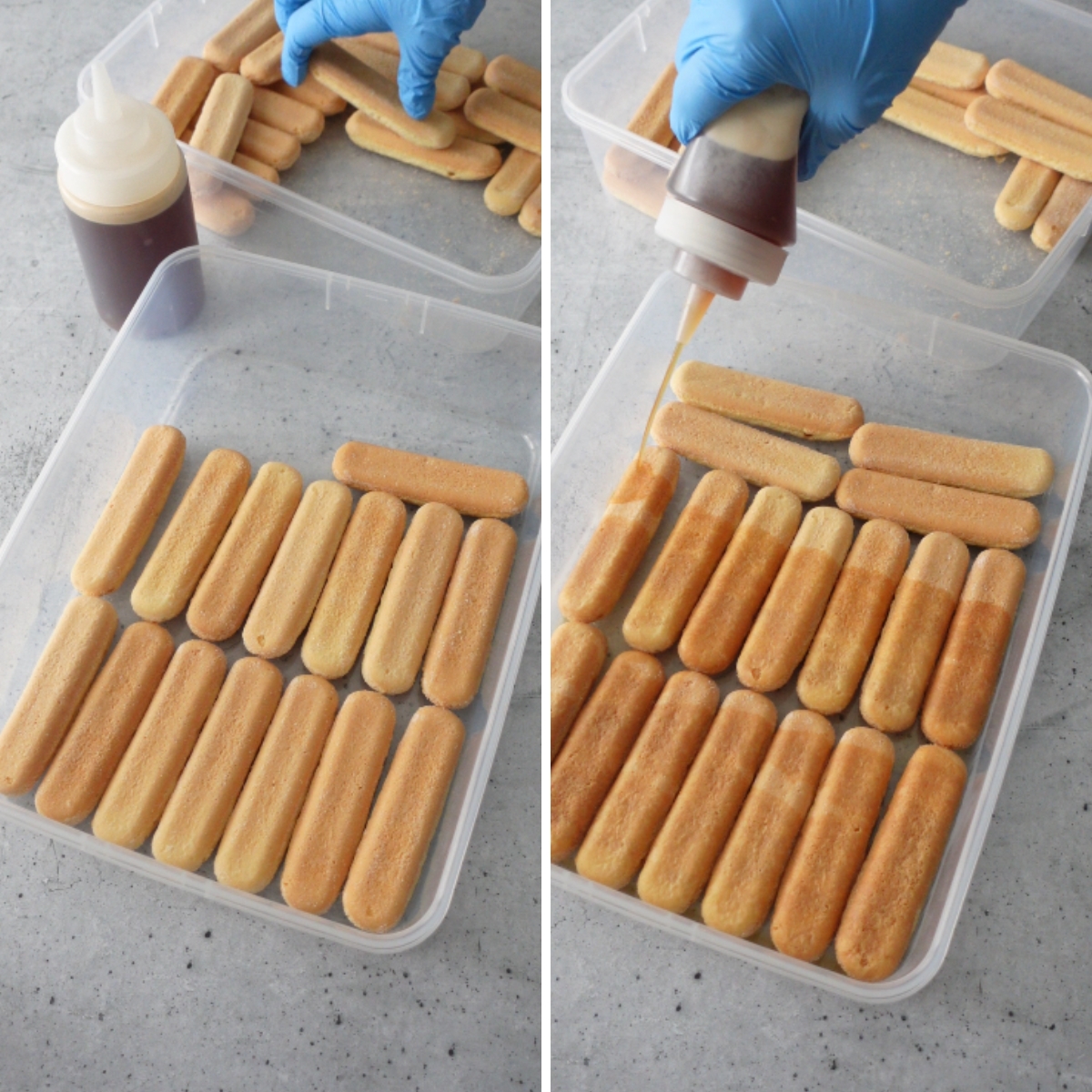 layering sponge finger biscuits in a tray and drizzling coffee for tiramisu cheesecake base