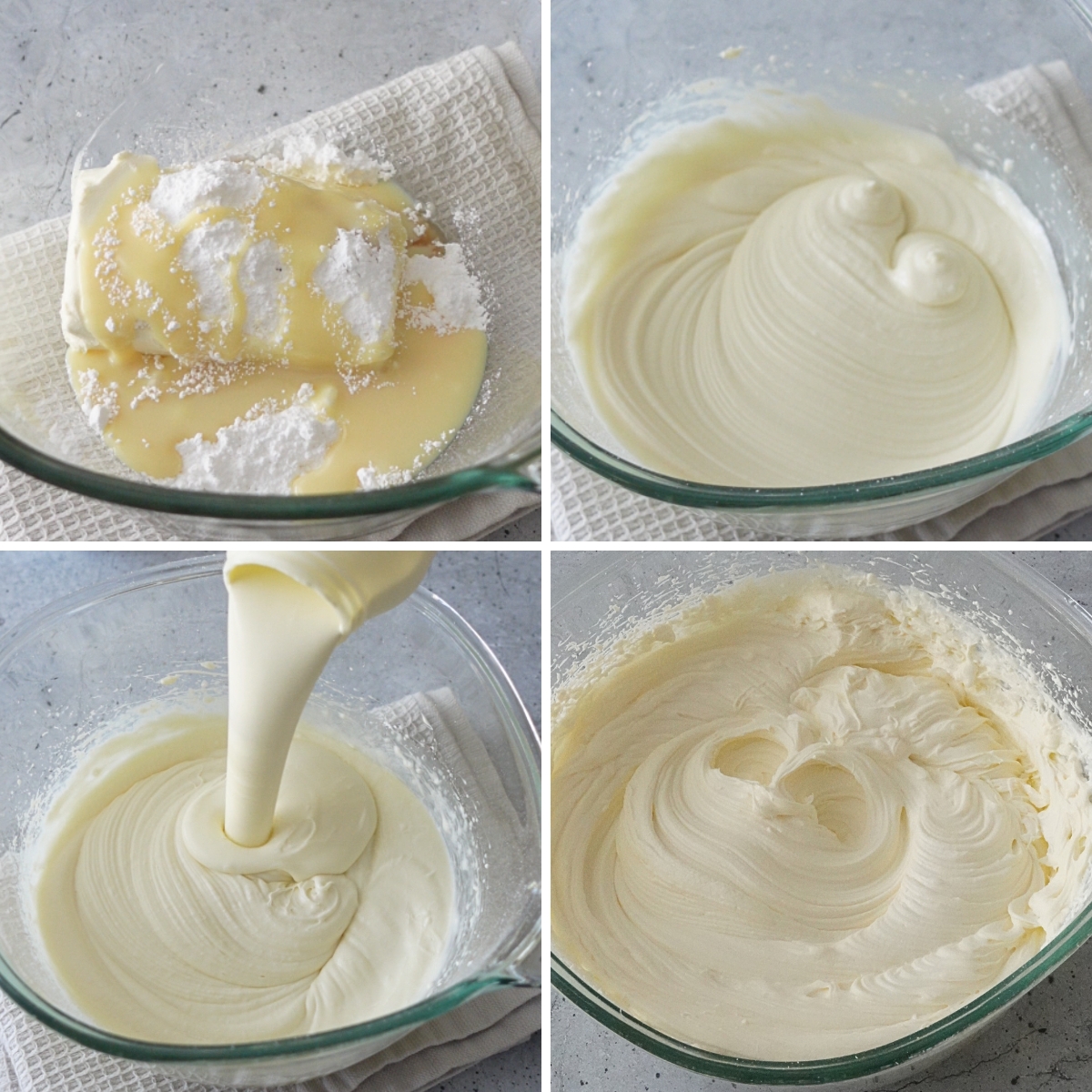 making tiramisu cheesecake whipped topping by mixing cream cheese condensed milk powdered sugar and whipped cream
