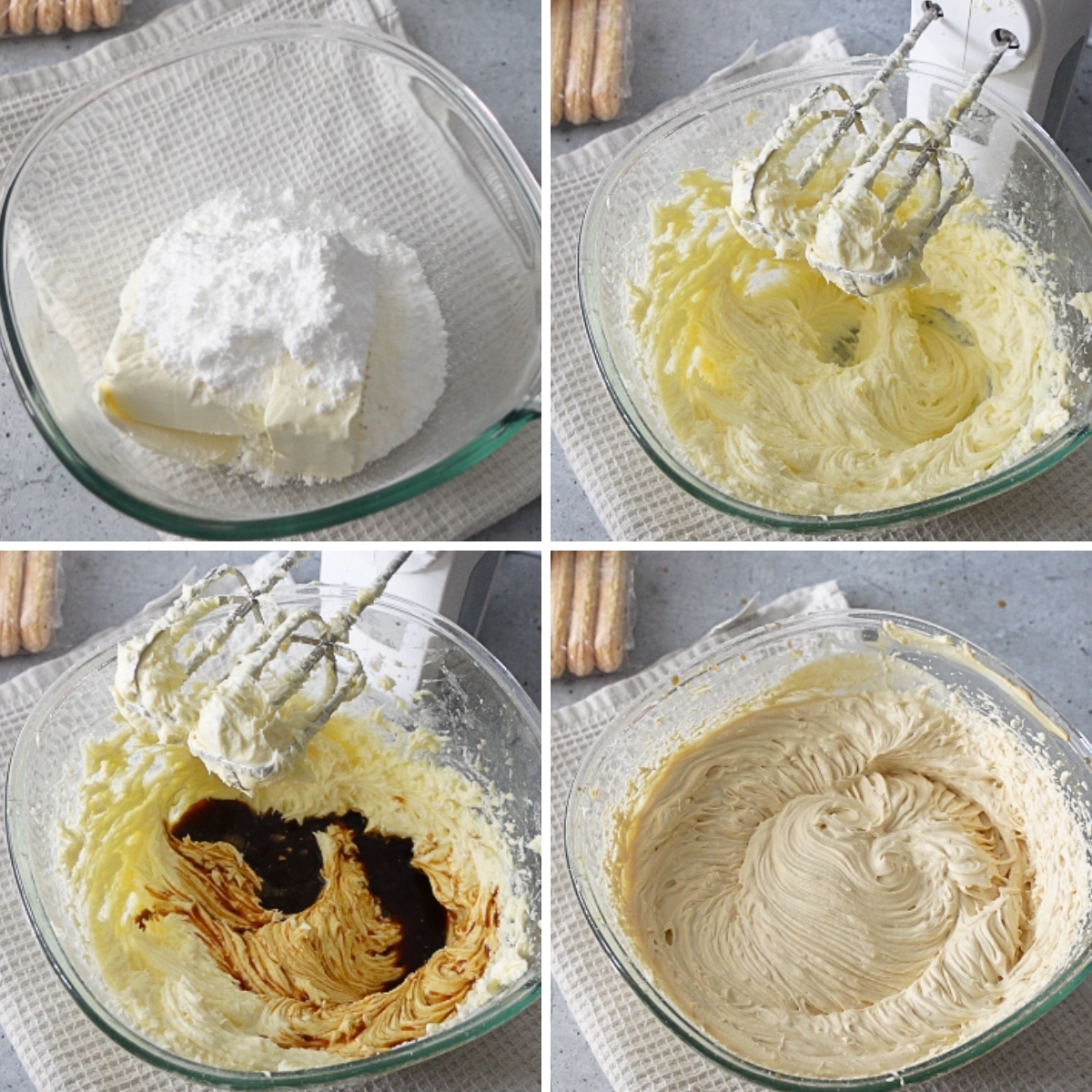 mixing cream cheese powdered sugar vanilla and coffee to make the tiramisu cheesecake filling