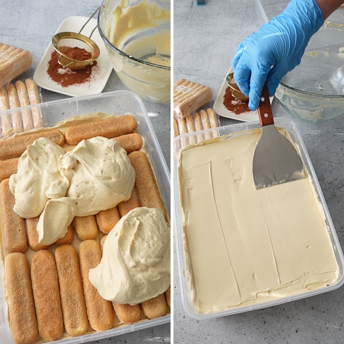 smoothing tiramisu cheesecake filling in tray before chilling