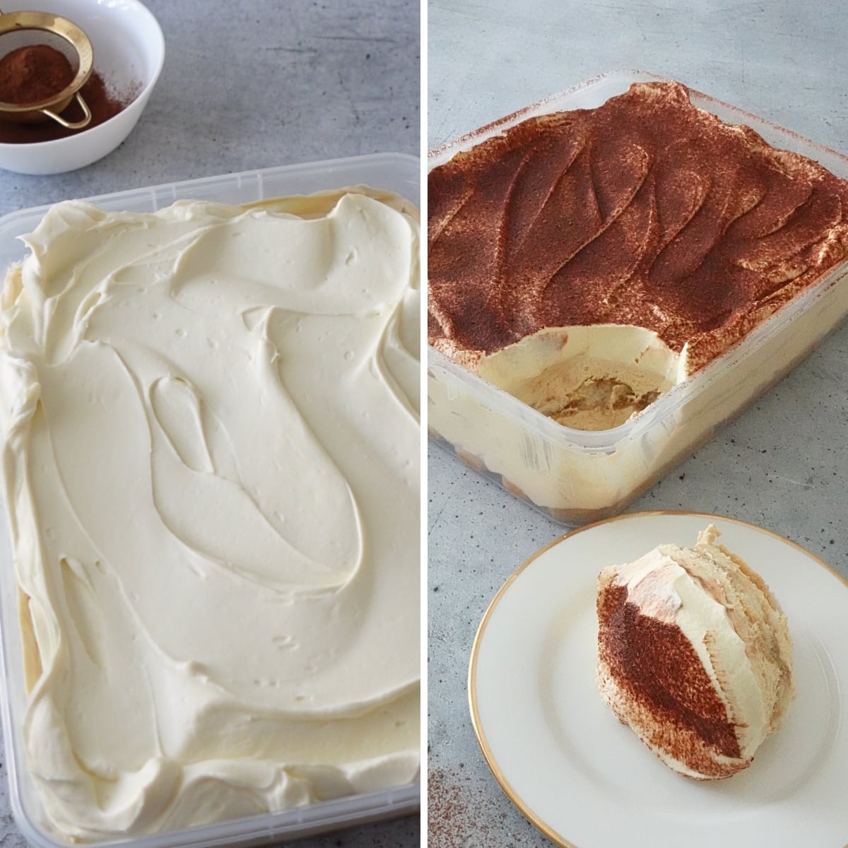 Collage showing tiramisu cheesecake topped with smooth cream cheese frosting and dusted with cocoa powder, with one serving on a plate