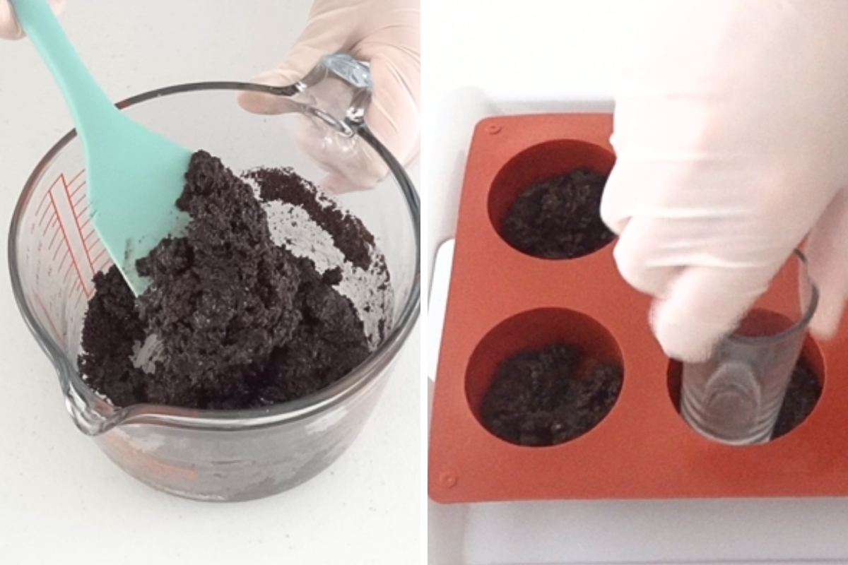 Mixing cookie crumbs with melted butter and pressing the base into silicone molds for mini pumpkin cheesecake