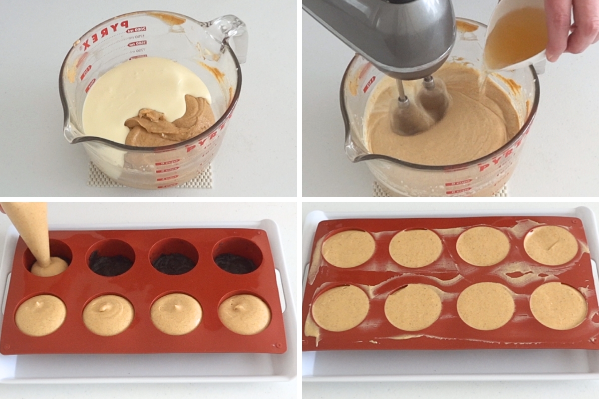 Pumpkin cheesecake filling mixed with cream and gelatine, piped into silicone molds, then smoothed and frozen until firm