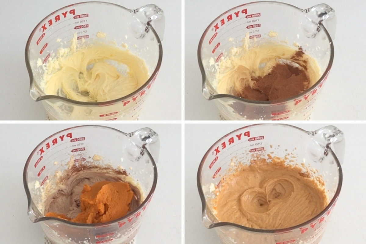 Cream cheese mixed with sugar, spices, and pumpkin puree to create a smooth pumpkin cheesecake filling