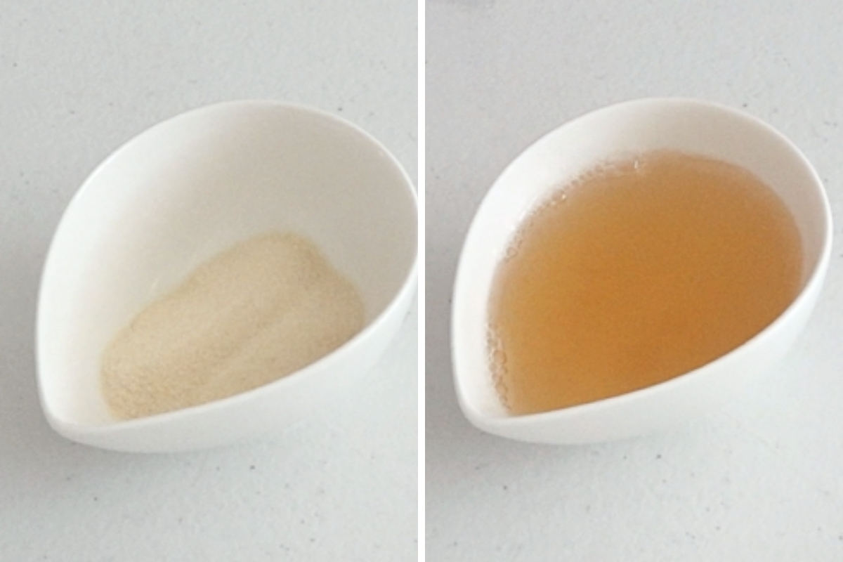 Gelatine powder mixed with hot water to form a smooth clear liquid for pumpkin cheesecake filling