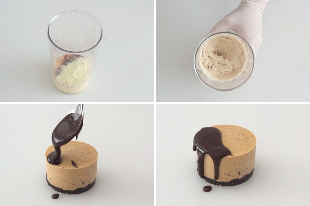 Whipped pumpkin spice cream prepared in a tall container and melted chocolate spooned over mini pumpkin cheesecakes to create a drip