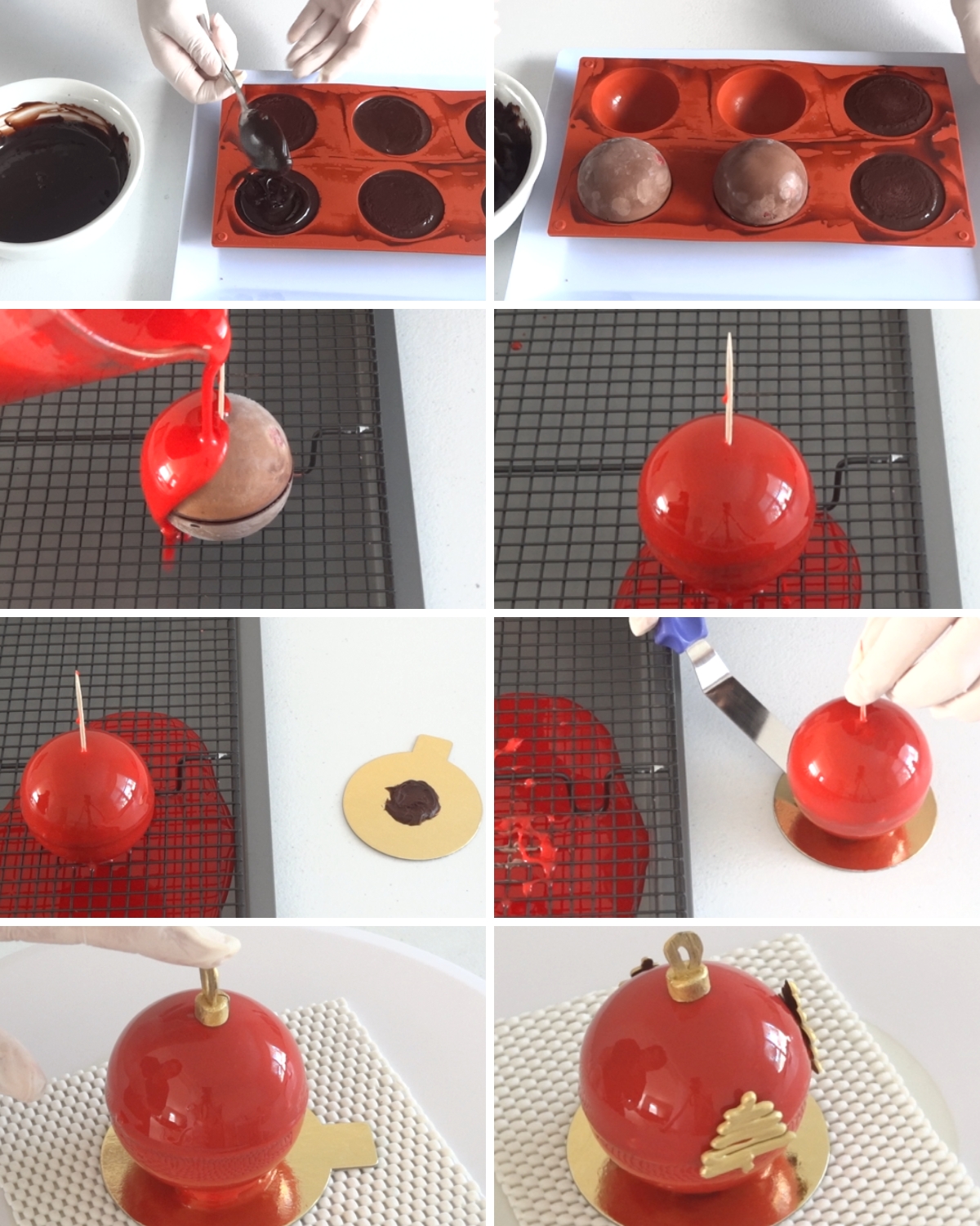 Collage showing how to join the frozen halves, pour the mirror glaze, move the ornament, and add the gold decorations.