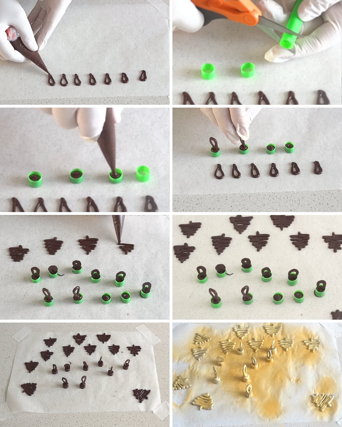 Collage showing how to pipe and shape chocolate decorations for mirror glaze Christmas ornament desserts.