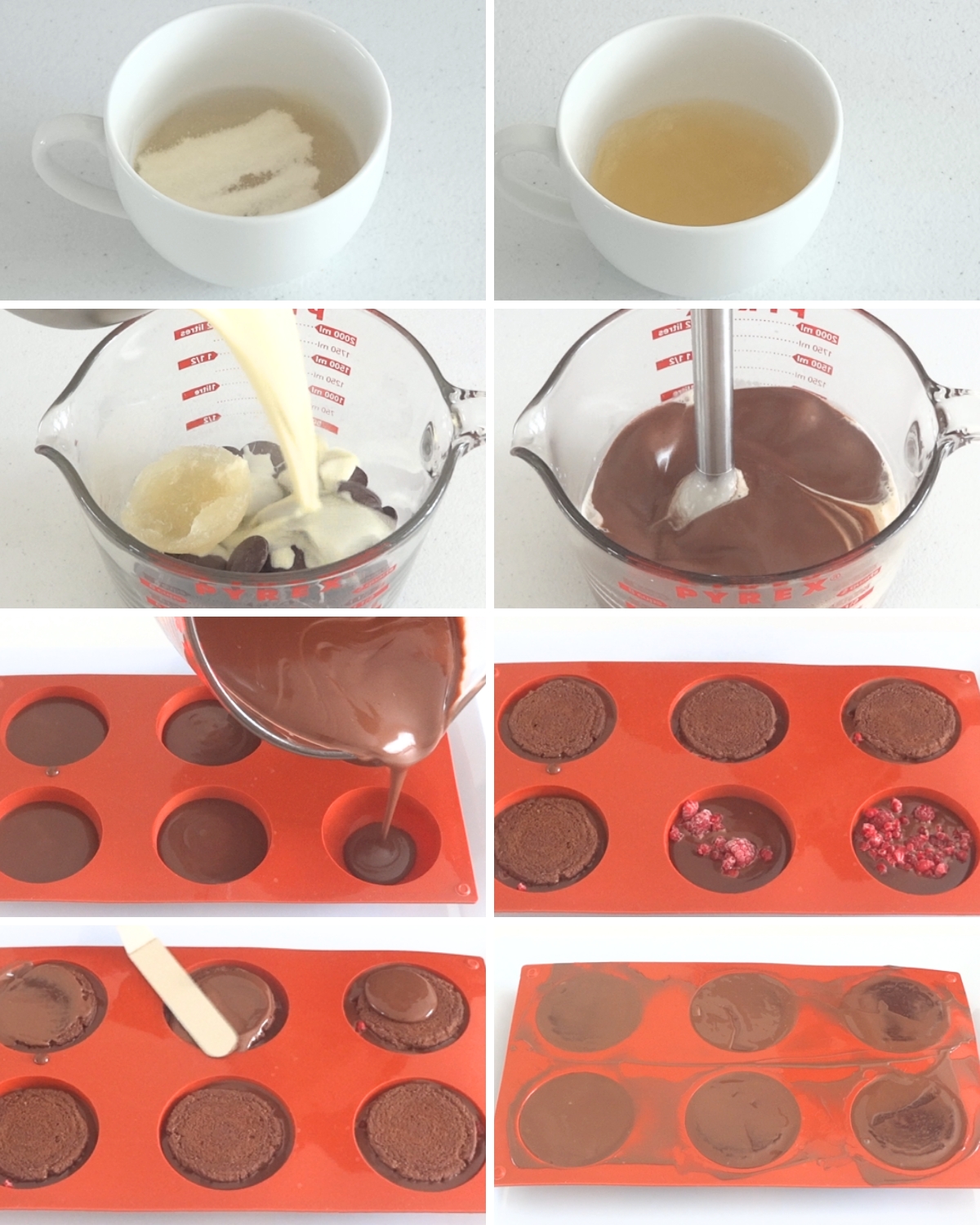 Collage showing how to make the chocolate raspberry filling and add it to silicone molds for the ornaments.