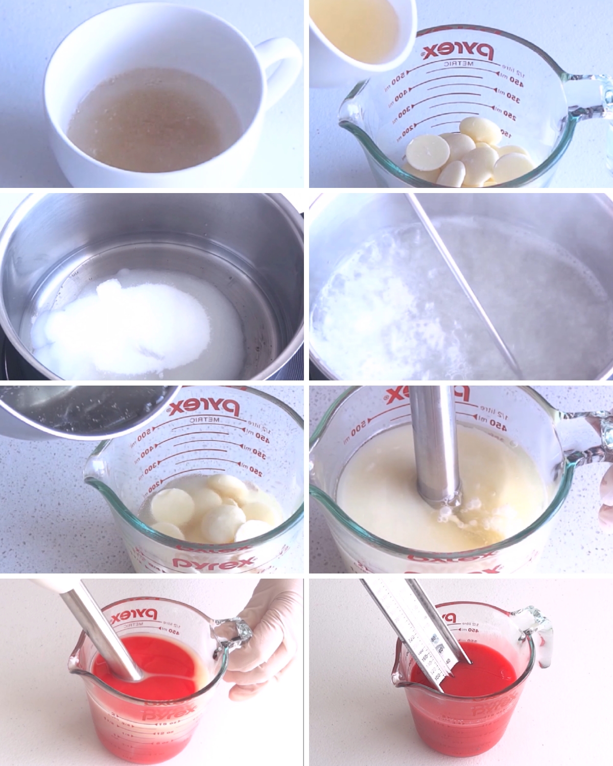 Collage showing how to make the red mirror glaze for the Christmas ornament dessert.