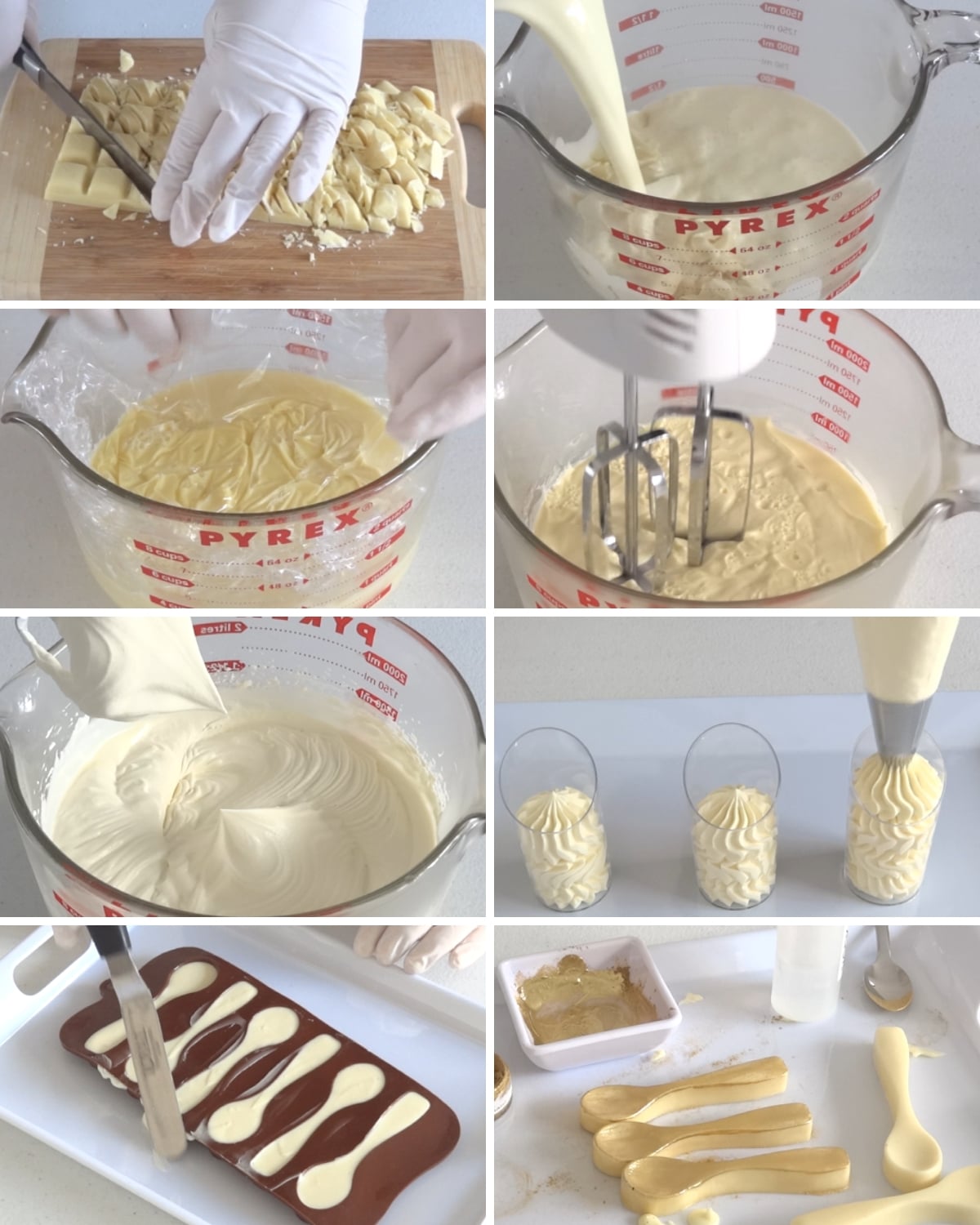 Step by step collage showing how to make white chocolate mousse, from chopped chocolate to piping into dessert cups.