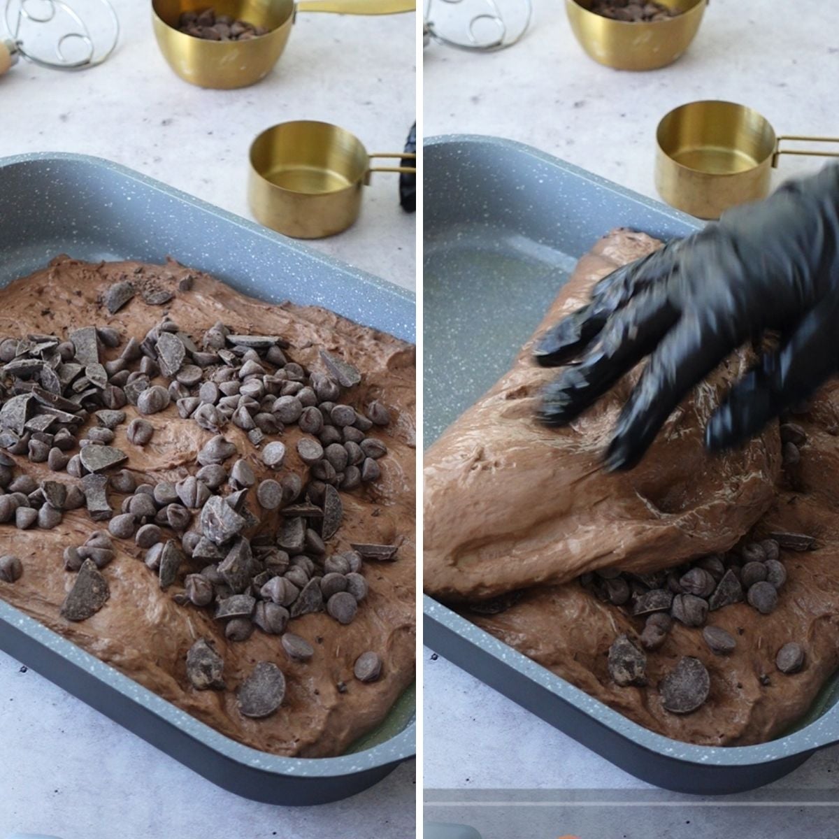 Chocolate chips and chopped chocolate scattered over chocolate dough in a baking pan on the left, and a gloved hand folding the dough in thirds in the pan on the right