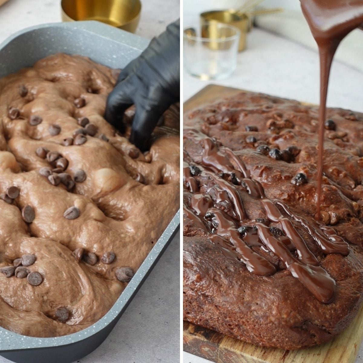 Gloved hand dimpling risen chocolate focaccia dough scattered with chocolate chips in a baking pan on the left, and baked chocolate focaccia on a wooden board with ganache being drizzled over the top on the right
