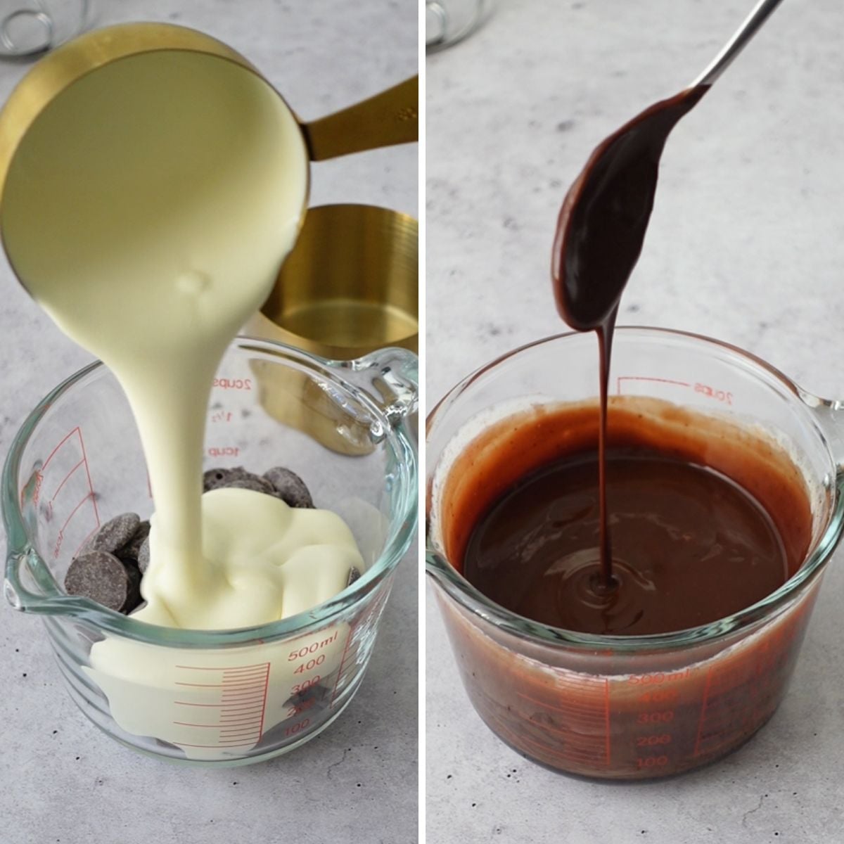 Heavy cream being poured over dark chocolate in a glass jug on the left, and smooth glossy chocolate ganache in a glass jug with a spoon on the right