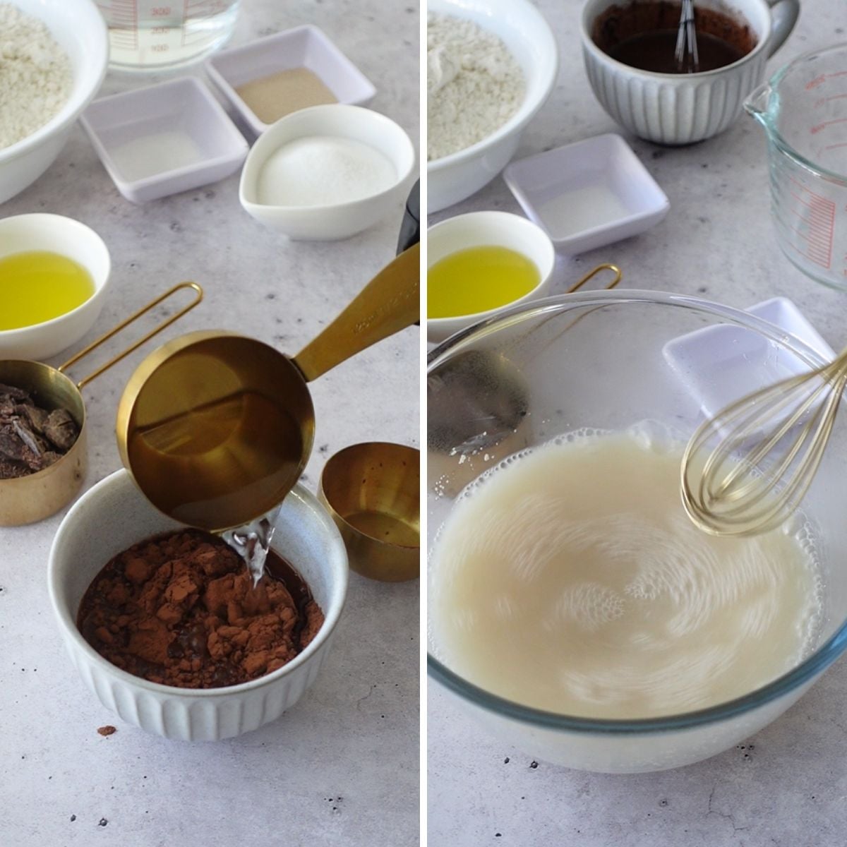 Hot water being poured over cocoa powder in a white ramekin on the left, and yeast activating in warm water in a glass bowl with a whisk on the right