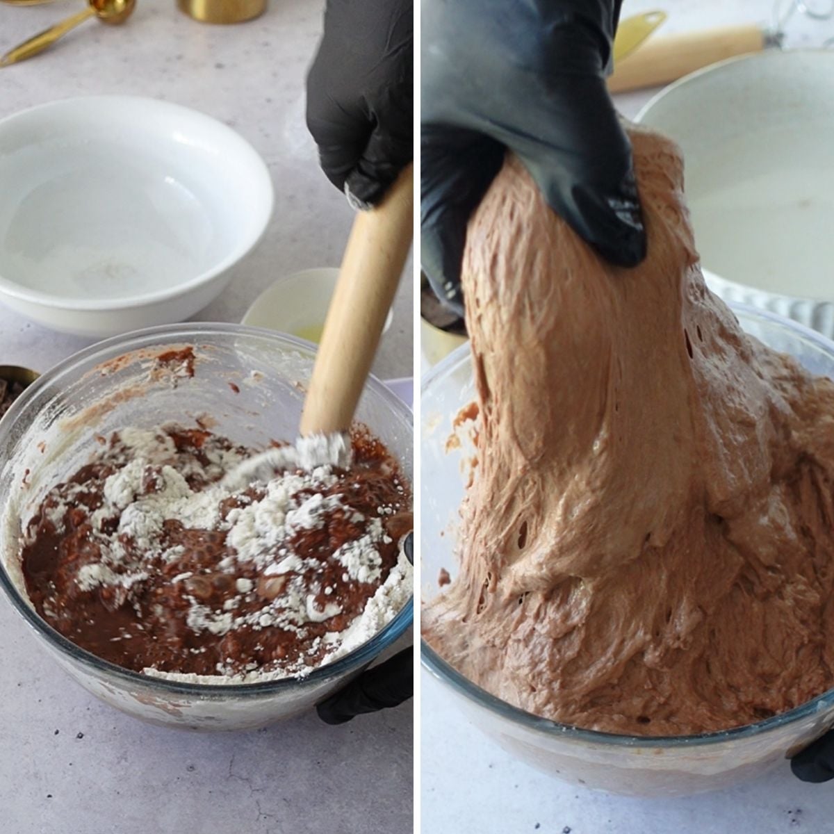 Gloved hand mixing rough chocolate dough with a wooden spoon in a glass bowl on the left, and gloved hand stretching elastic chocolate dough out of a glass bowl on the right