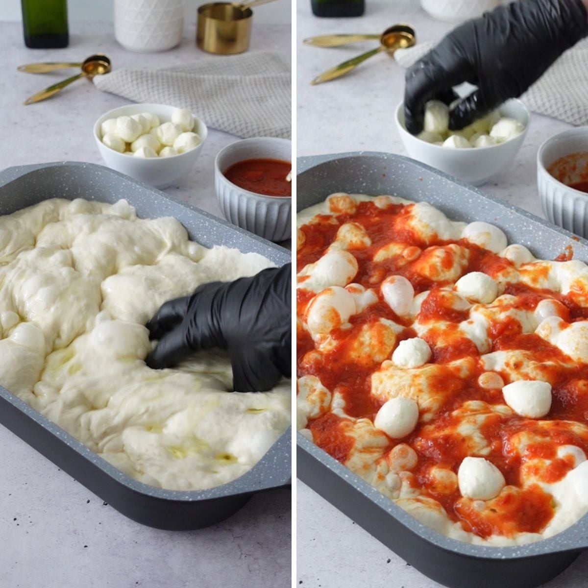 Gloved hand dimpling risen focaccia dough in a baking pan on the left, and the dough topped with pizza sauce and bocconcini on the right