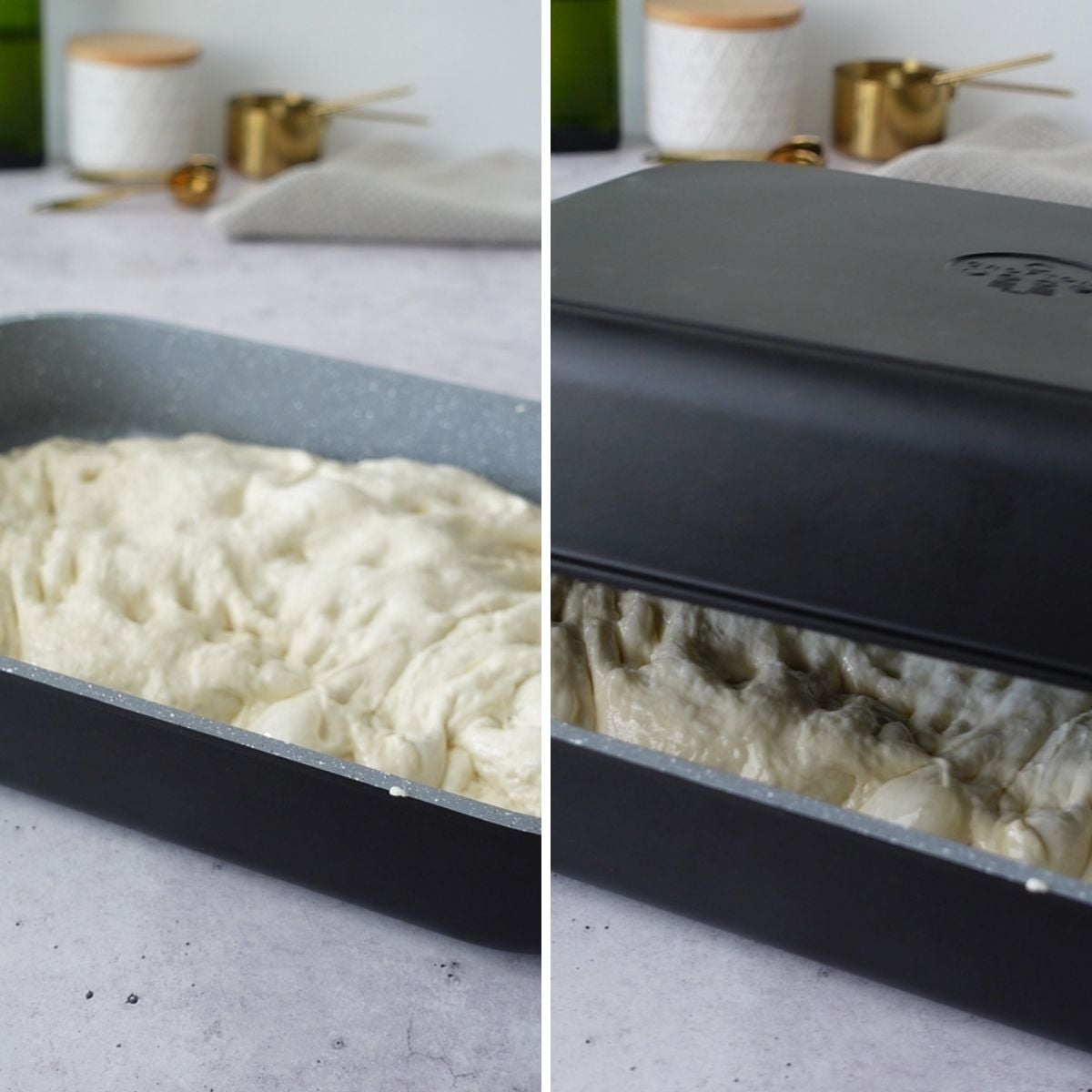 Focaccia dough stretched into an oiled baking pan on the left, and the pan covered ready to rise on the right