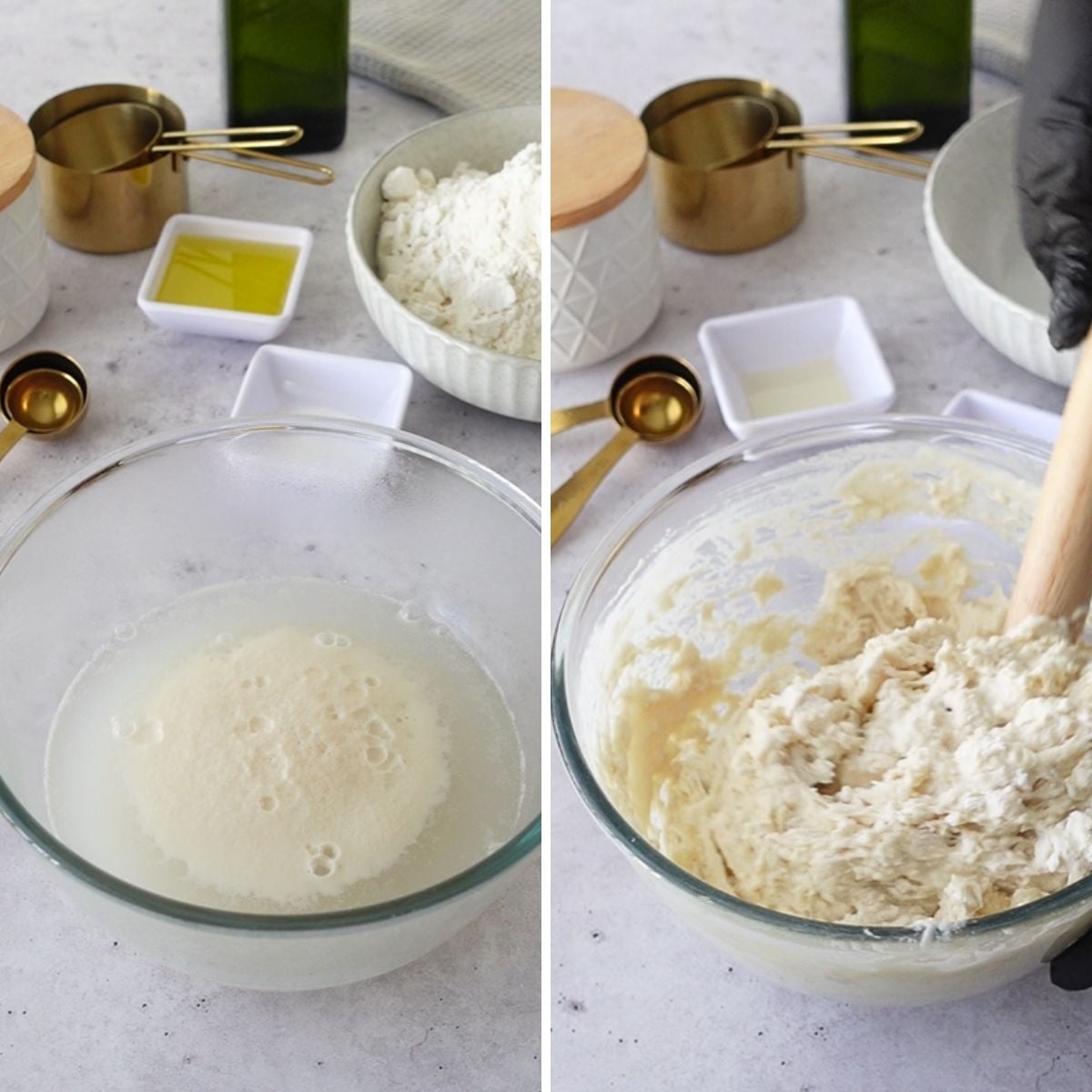 Yeast mixture activating in a glass bowl on the left, and rough shaggy focaccia dough mixed together on the right