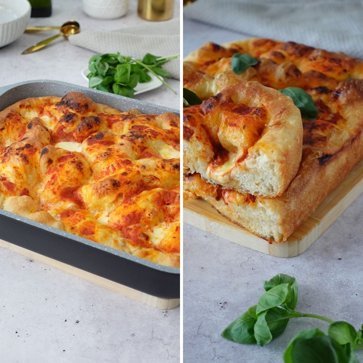 Golden baked focaccia pizza in the pan on the left, and a slice on a wooden board showing the thick airy crumb on the right