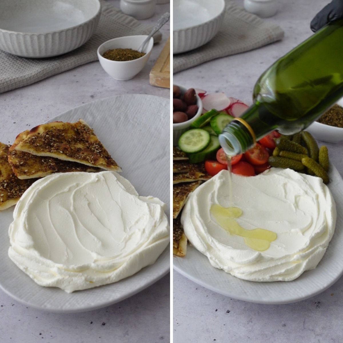 Labneh dip on a platter with pita, then drizzled with olive oil and surrounded by vegetables