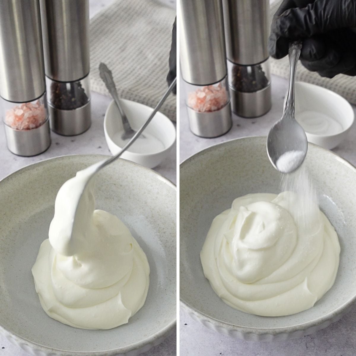 Greek yogurt being mixed and salt being sprinkled in for labneh dip