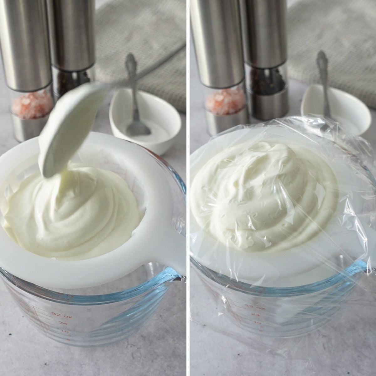 Salted yogurt in a nut milk strainer covered with plastic wrap to strain