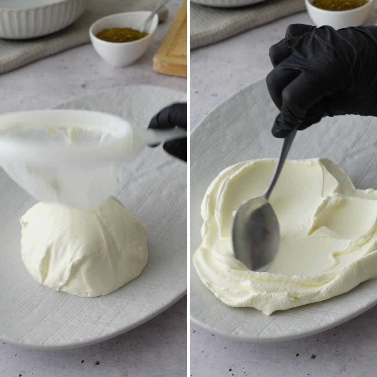 Strained labneh turned out onto a plate and spread with a spoon