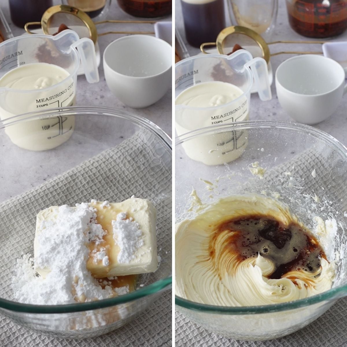 Cream cheese, powdered sugar, vanilla and coffee being beaten together for chocolate chip tiramisu cheesecake filling