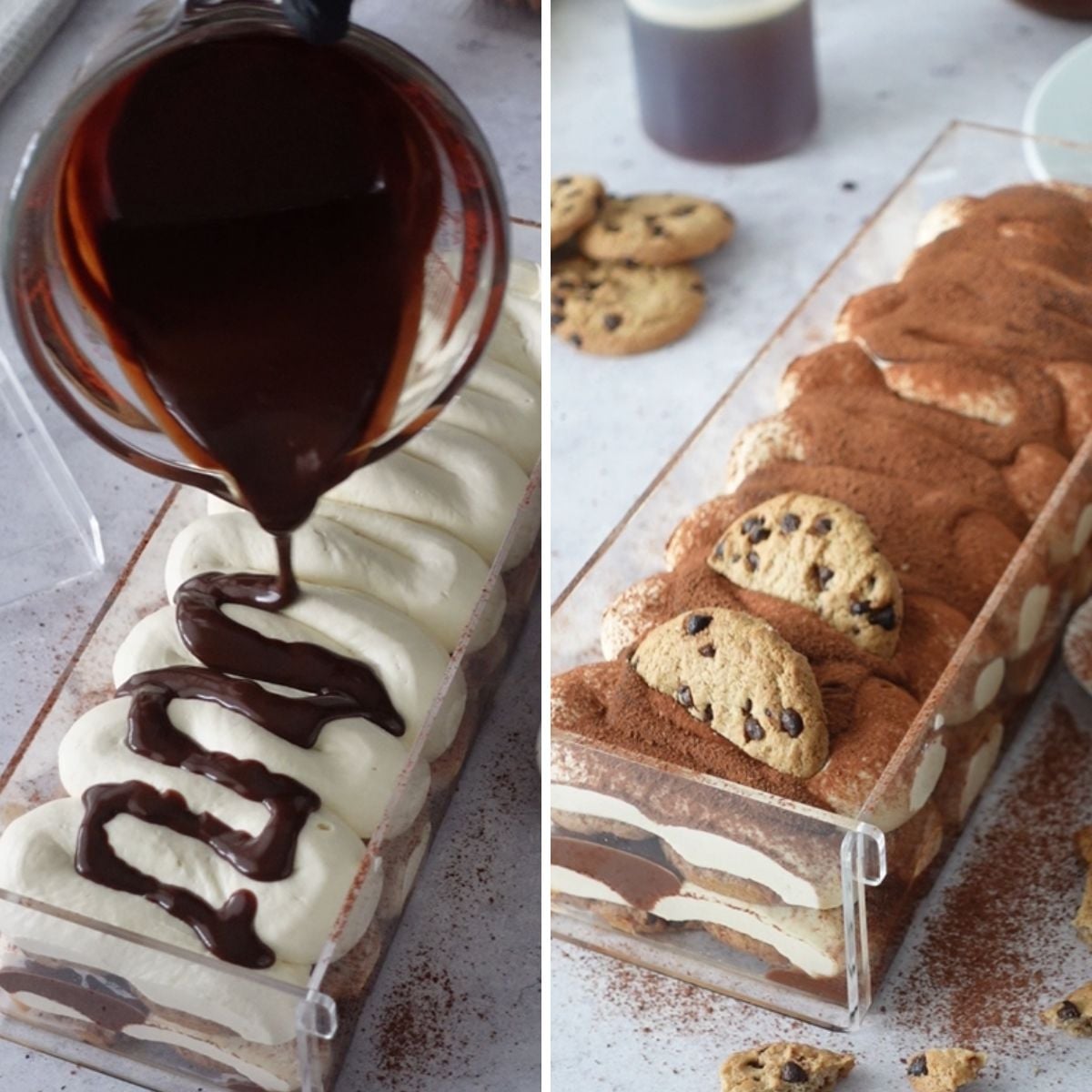 Chocolate ganache poured over no-bake chocolate chip tiramisu cheesecake, dusted with cocoa powder before serving