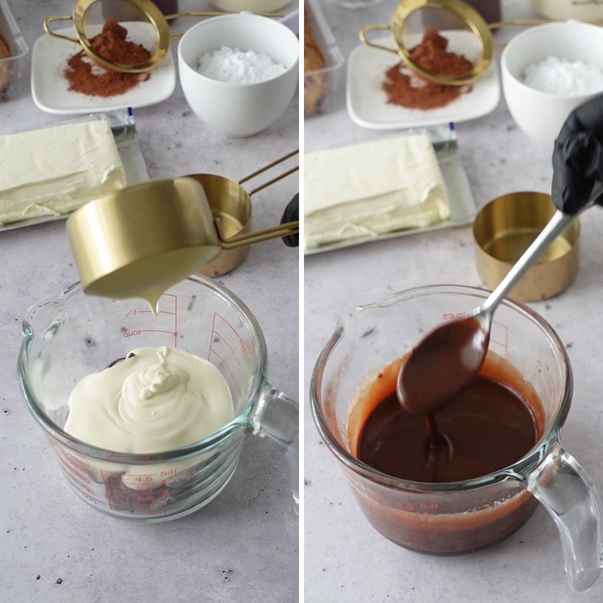 Cream being poured over chocolate to make ganache for no-bake chocolate chip tiramisu cheesecake