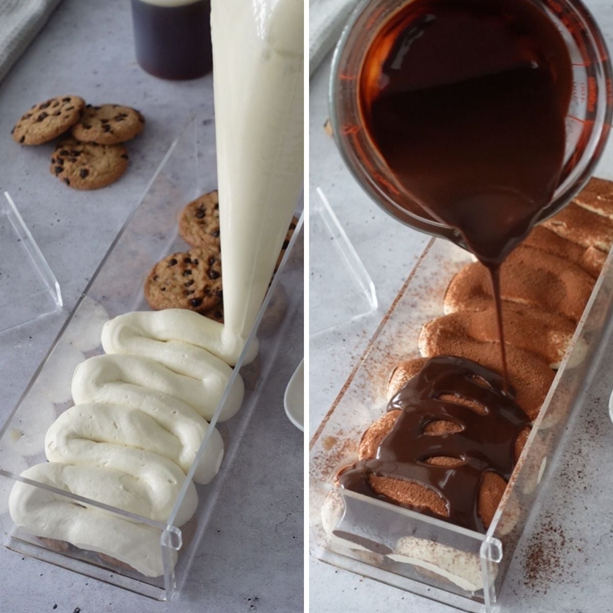 Cream cheese filling piped over chocolate chip cookies in a loaf pan, with ganache drizzled over a cocoa-dusted layer