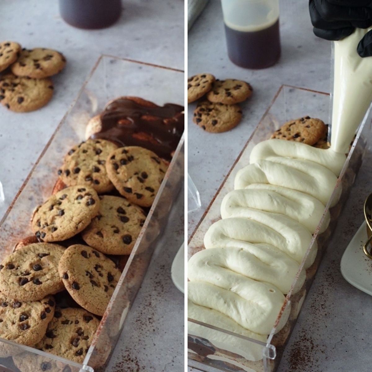 Second layer of chocolate chip cookies topped with piped cream cheese filling in a loaf pan