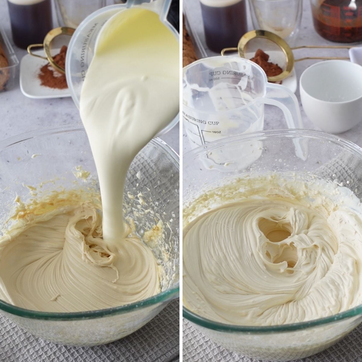 Heavy cream whipped into the cream cheese filling for no-bake chocolate chip tiramisu cheesecake