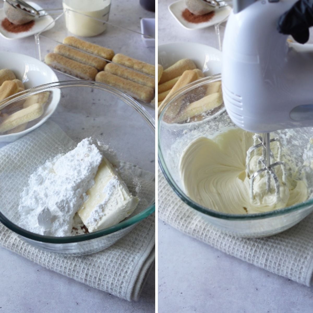 Cream cheese and powdered sugar in a glass mixing bowl before beating together