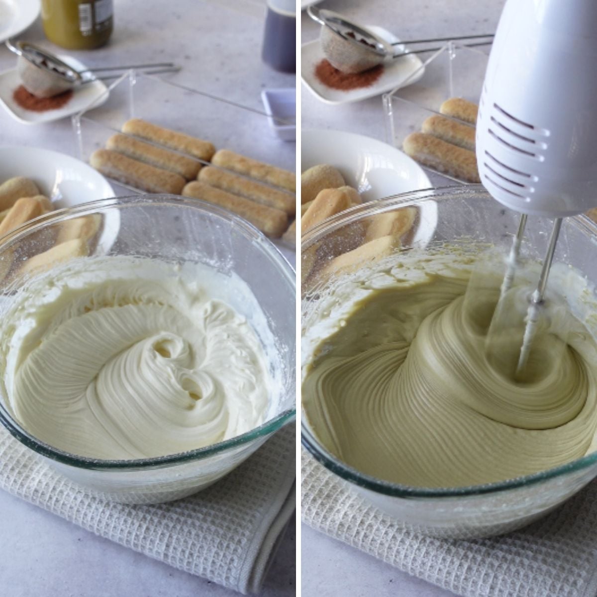 Cream cheese filling being whipped with a hand mixer until smooth and combined