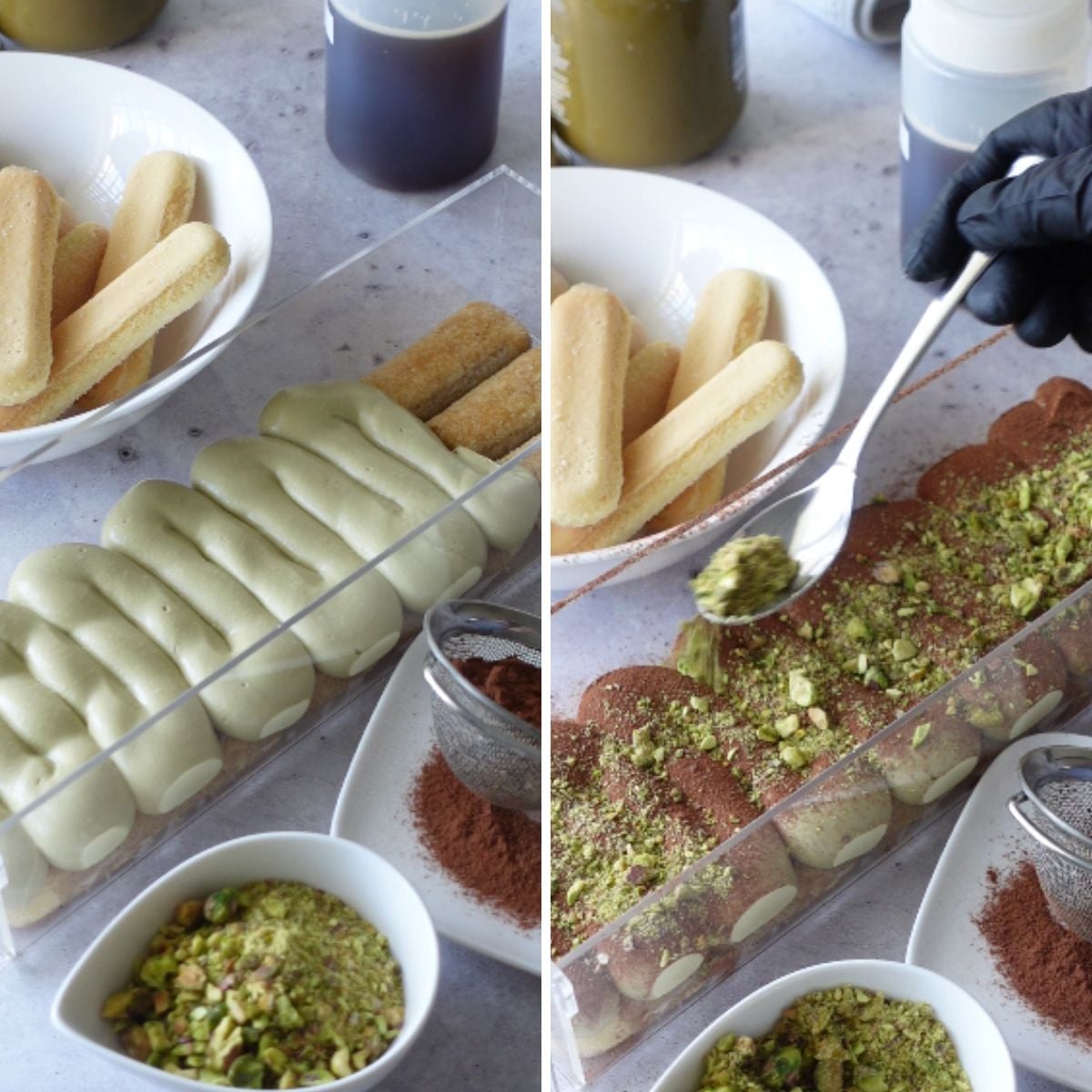 Pistachio cream cheese filling being piped over a layer of ladyfingers in a loaf pan